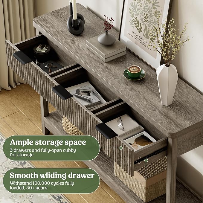 Lulive Fluted Console Table, 51 Inch Entryway Table with 3 Drawers | Scandi farmhouse look with quiet full-extension slides, open lower shelf, profile for hallway, entry, foyer or behind sofa.