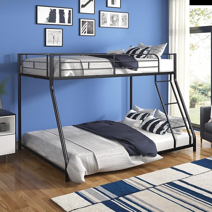 Metal Bunk Bed Twin Over Full Size with Removable Stairs, Heavy Duty Sturdy Frame with Full Length Safety Guardrail for Teen & Adults, Teens, No Box Spring Needed (Black)