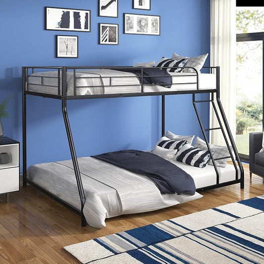 Metal Bunk Bed Twin Over Full Size with Removable Stairs, Heavy Duty Sturdy Frame with Full Length Safety Guardrail for Teen & Adults, Teens, No Box Spring Needed (Black)