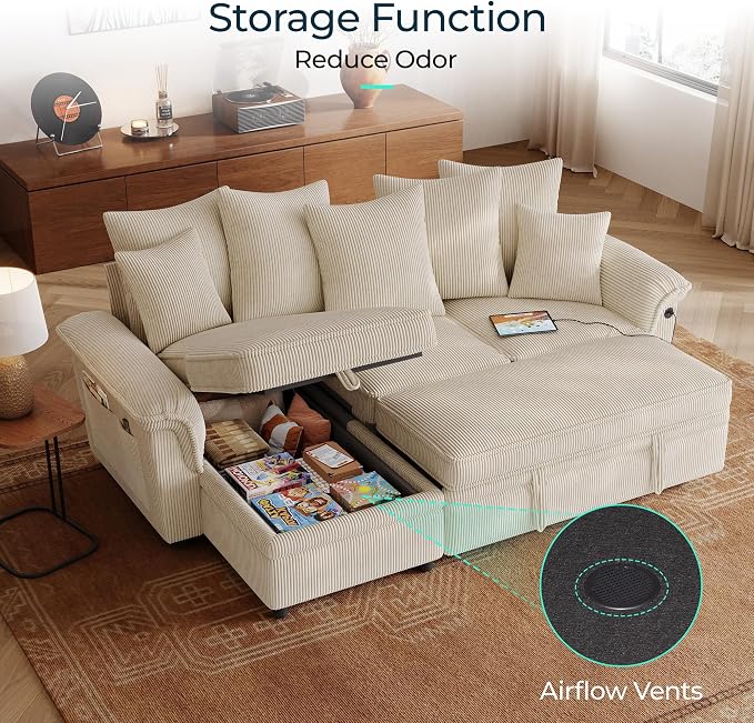 LINSY HOME 90.5'' Sectional Sleeper Sofa with Pull Out Couch Bed Modular (Beige, 90.5'') | USB Charging