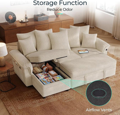 LINSY HOME 90.5'' Sectional Sleeper Sofa with Pull Out Couch Bed Modular (Beige, 90.5'') | USB Charging