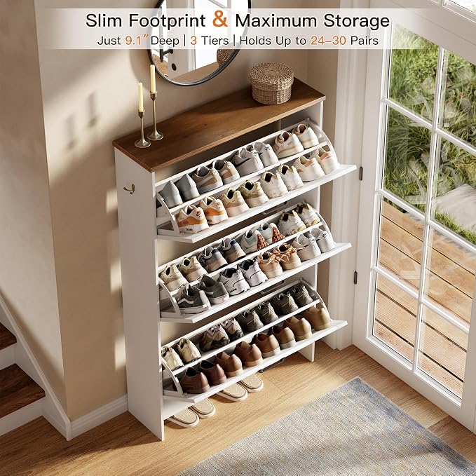 Nicetree Shaker Barn Door Shoe Cabinet - 3 Flip Drawers & 3 Adjustable Shelves, 9.1" Ultra Slim Freestanding, Contemporary Rustic Brushed White Farmhouse Shoe Rack for Entryway, Hallway, Foyer