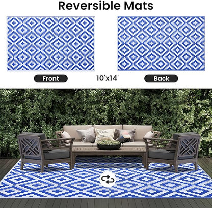 Smiry Waterproof Outdoor Rug 10X14 ft, Reversible Plastic Straw Patio Camping Rugs, Outdoor Indoor RV Mat Carpet for Patio, Outside Entry, Backyard, Deck, Bench, Picnic, Camper, White & Blue