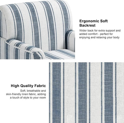 Accent Chair, Mid Century Modern Comfy Armchair for Living Room, Linen Fabric Single Sofa Lounge for Reading Bedroom Apartment Waiting Room with Wood Legs (Dark Blue Stripe, Set of 1)
