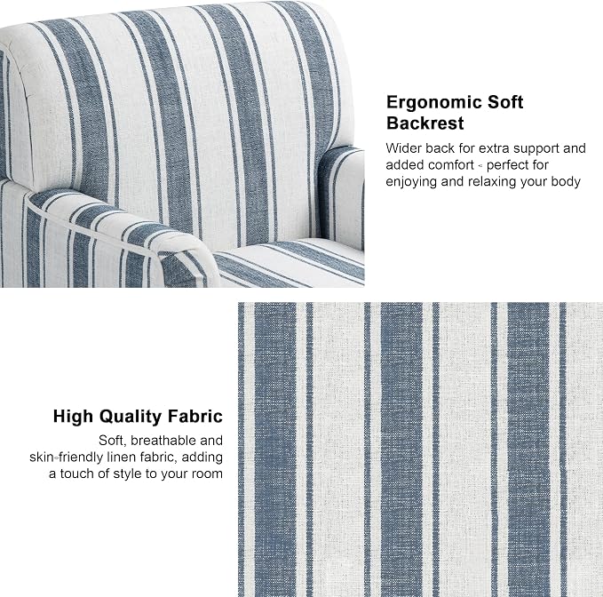 Accent Chair, Mid Century Modern Comfy Armchair for Living Room, Linen Fabric Single Sofa Lounge for Reading Bedroom Apartment Waiting Room with Wood Legs (Dark Blue Stripe, Set of 2)