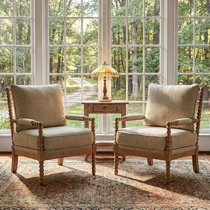 Morden Fort Linen Fabric Spindle Accent Chairs Set of 2, French Style Chairs with High Resilience Spring Cushion and Armrest Pads, Leisure Armchair for Living Room Bedroom Farmhouse Office Balcony