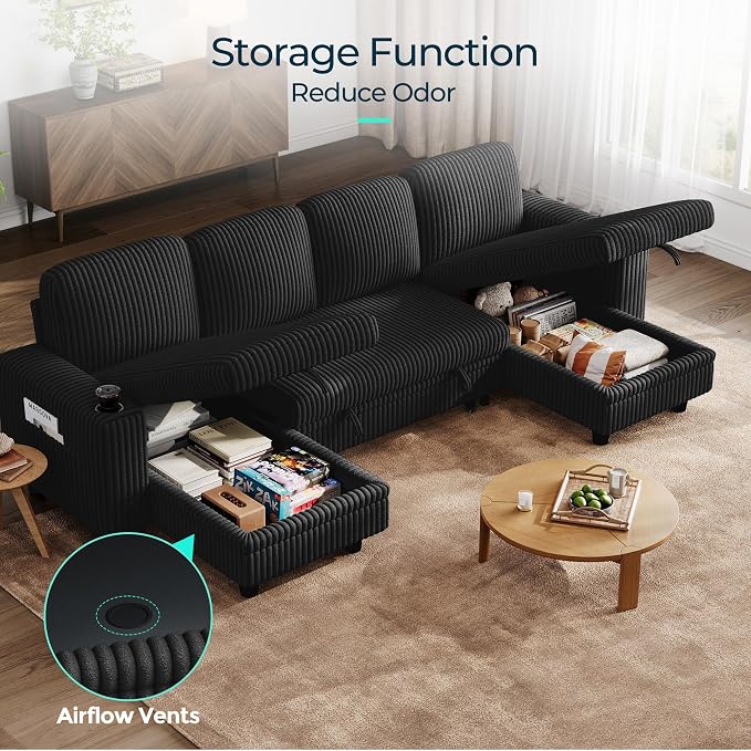 LINSY HOME Sectional Sleeper Sofa Pull Out Couches for Living Room (Black, Sleeper Sofa 3) | Pull Out Sofa Bed, Storage, USB Charging, Cup Holders, Plush Corduroy