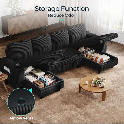 LINSY HOME Sectional Sleeper Sofa Pull Out Couches for Living Room (Black, Sleeper Sofa 3) | Pull Out Sofa Bed, Storage, USB Charging, Cup Holders, Plush Corduroy