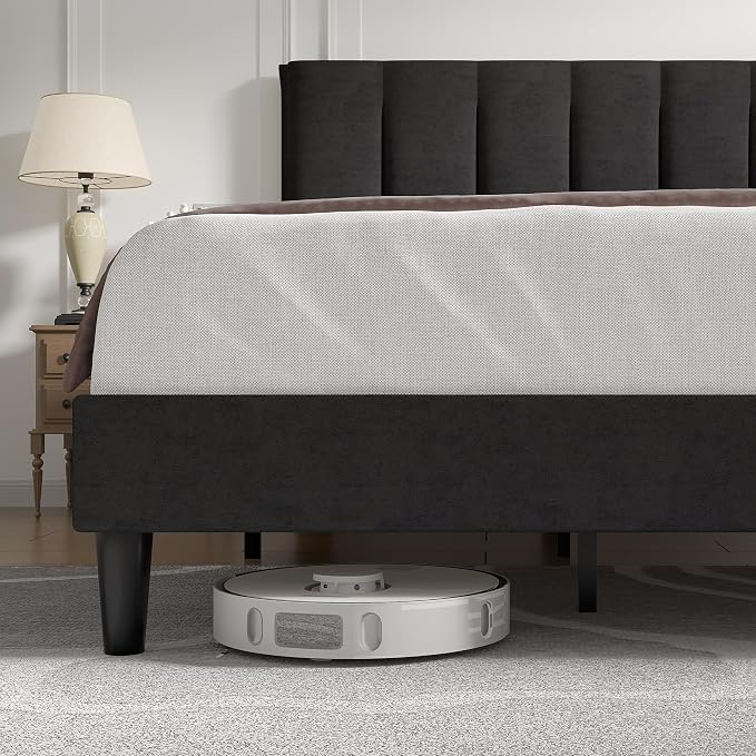 VECELO King Size Bed Frame with Upholstered Headboard, Heavy-Duty Bedframe with Strong Wooden Slats Support, No Boxing Spring Needed, Velvet & Black