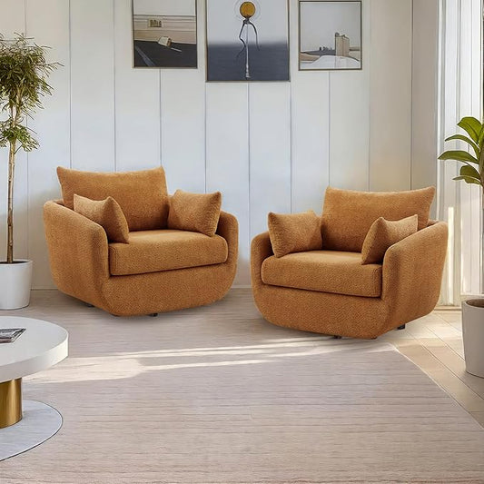 360° Swivel Accent Armchair Set of 2, 39.3" Oversized, Sherpa Boucle Fabric Sofa Chair with Removable Back & Arm Pillows, Swivel Chairs with Cozy Soft Padded, Curry