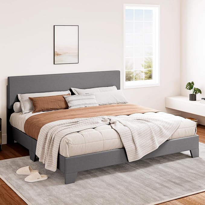 SHA CERLIN Linen Upholstered King Size Bed Frame with Headboard, Light Gray | Adjustable Low-Profile Platform Bed, Minimalist Design, Stable Mattress Foundation, Strong Back-Support, No Box Spring Needed