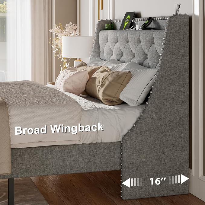 Feonase Queen Bed Frame with Luxury Wingback Upholstered Button Tufted Storage Headboard, Queen Platform Bed with Charging Station, Sturdy Wooden Slats Support, Noise-Free, Easy Assembly, Light Gray