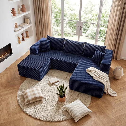 92.5'' U-Shaped Boneless Couches, Sectional Sofa with Deep Seat with Ottoman, Corduroy Modular Sectional Sofa, Convertible Cloud Couch with Oversized Deep Seats No Assembly Needed