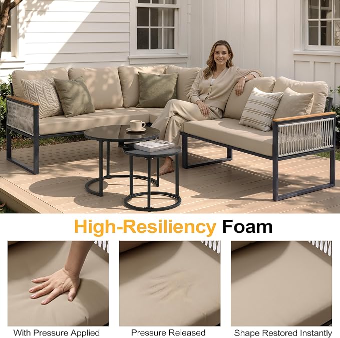 7-Piece L-Shaped Patio Conversation Sets, Hand-Woven Wicker Outdoor Sectional Sofa with Glass Nesting Coffee Table, Weather-Resistant Frame, Removable Cushion for Deck, Porch, Backyard (Beige)