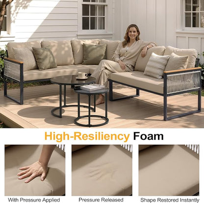 7-Piece L-Shaped Patio Conversation Sets, Hand-Woven Wicker Outdoor Sectional Sofa with Glass Nesting Coffee Table, Weather-Resistant Frame, Removable Cushion for Deck, Porch, Backyard (Beige)