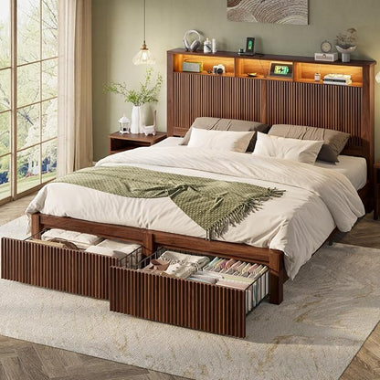 CypBed King Size Bed Frame and Headboard& 2 Storage Drawers, King Bed Frame with LED Light and Charging Port, Farmhouse Wavy Design, Wood & Metal Platform, Noise-Free, No Box Spring Needed, Walnut