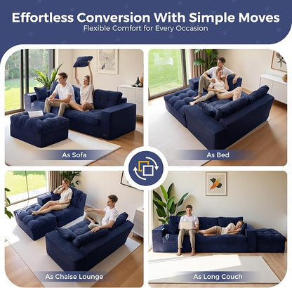MAXYOYO 96" L Shaped Modular Sectional Sofa with Ottoman, Cloud Boneless Couch with Layered Cushion, Upholstered Flexible Module Combination Sofa for Living Room, No Assembly, Navy