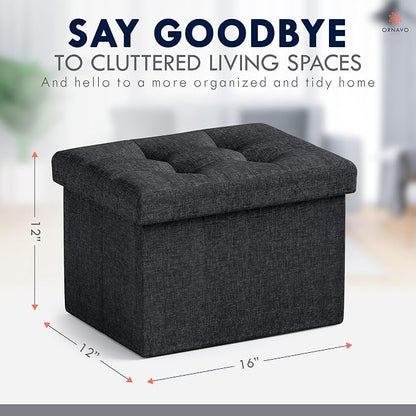 Ornavo Home Small Storage Ottoman Foldable Collapsible Rectangle Linen Ottoman Foot Rest Stool Seat, for Living Room, Bedroom, Home Office, Dorm - 12 x 16 x 12, Black