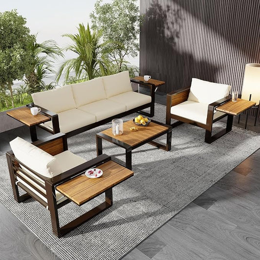 4-Piece Patio Conversation Set, Aluminum Frame Outdoor Patio Furniture Set w/ 3-Seater Sofa, 2 Armchairs with Fold-Out Side Tables, Coffee Table, All-Weather Sectional Sofa Set for Garden Backyard