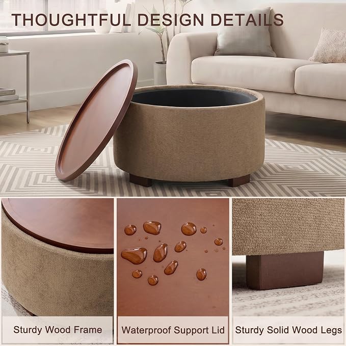 29.1 Inch Round Ottoman Coffee Table, Ottoman with Storage, Boucle Camel | Storage Ottoman with Removable Lid Top, Solid Wood Legs, Round Ottoman for Living Room, Bedroom, Apartments