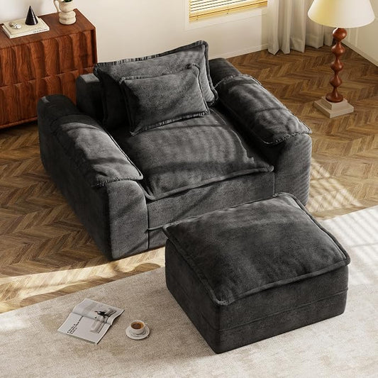 Hobestluk Cloud Single Sofa with Ottoman Memory Foam Couch with Deep Seat L Shaped Sofa with Removable Cover Large Couch for Living Room (Dark Grey, Single Sofa with One Ottoman)