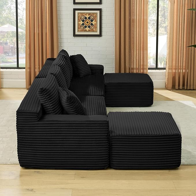 115" U-Shaped Cloud Sectional Couch, Modular Compressed Boneless Sectional Sofa W/Reversible Ottoman Chaise Lounge, Plush Corduroy Boneless Symmetrical Sofa for Living Room