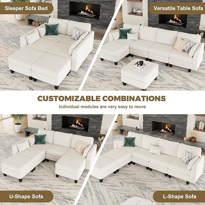 Modular Sectional Sofa, 6 Seaters Modular Sleeper Sofa Couch, Comfy Sectionals Couches Bed, Convertible Sofas with Ottomans, Sectional Couches for Living Room, Beige