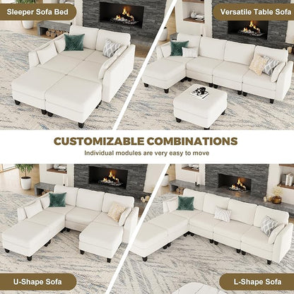 Modular Sectional Sofa, 6 Seaters Modular Sleeper Sofa Couch, Comfy Sectionals Couches Bed, Convertible Sofas with Ottomans, Sectional Couches for Living Room, Beige