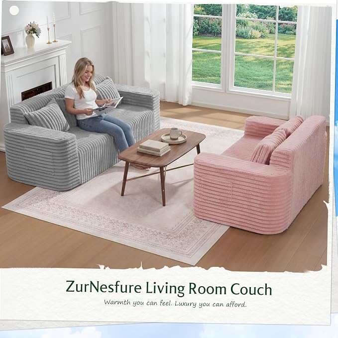ZurNesfure Sofa Couch Cloud Loveseat, Memory Foam Couch with Pillow No Assembly Need, Modern Couch with deep seat and Washable Cover Boneless Sofas for Living Room Bedroom Apartment (Pink,Loveseat)