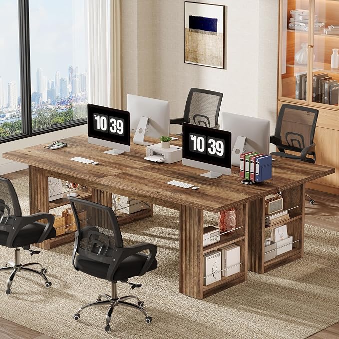 Tribesigns 2-Person Desk, 79-Inch Extra Long Office Desk with Storage Shelves, Work Table, Conference Table for Home Office, Natural Brown
