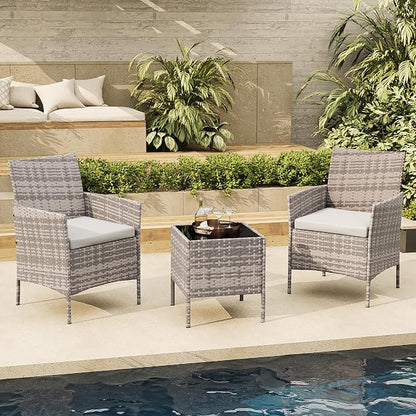 GAOMON 3-Piece Patio Furniture Set, Modern PE Rattan Conversation Set with 2 Chairs & Tempered Glass Coffee Table, All-Weather Outdoor Seating for Garden, Porch, Balcony, Poolside, Grey/Light Grey