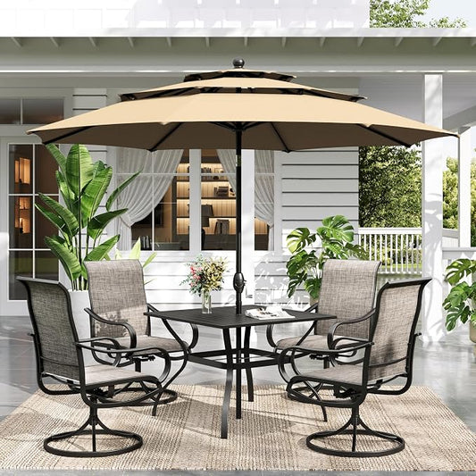 Sophia & William Outdoor Dining Set with Umbrella for 4 Person, Include 4 x Swivel Patio Chairs, 1 x Classic Metal Table and 10ft Beige Patio Umbrella (No Umbrella Base) for Deck Garden Backyard