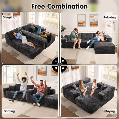 ovios 104" Cloud Boneless Couch with L-Shape Chaise,Modern Sectional Modular Sofa with Deep Seat, Upholstered Couches for Living Room Bedroom,No Assembly Required, Grey (Plush Corduroy Fabric)
