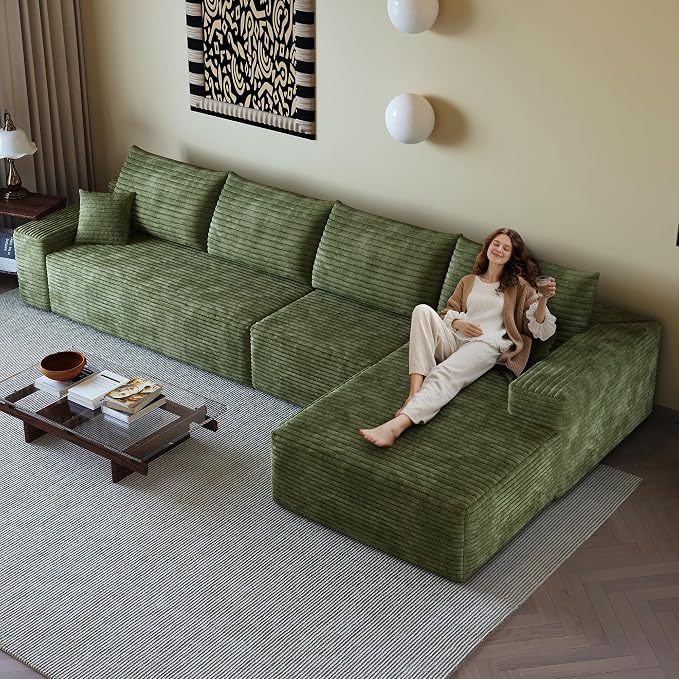 AUGOP 136" Sectional Couches for Living Room Modern Modular Sofa with L-Shape Couchs Upholstered Boneless Couch Deep Seat Sectional Couch with Chaise (Green, Right Facing Chaise+3Seaters)