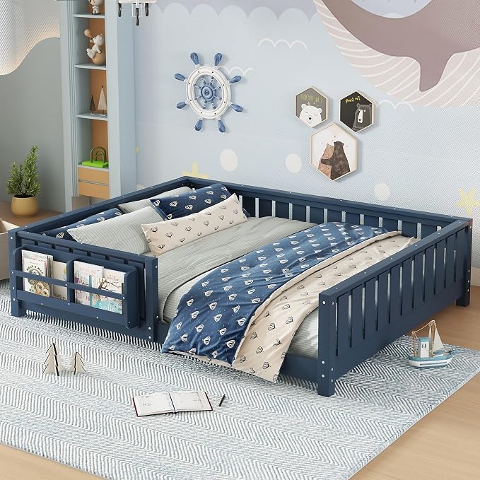 Bellemave Queen Size Floor Bed with Slats and Safety Guardrail, Queen Size Montessori Floor Bed with Fence and Built-in Bookshelf, Easy Assemble Montessori Beds for Girls, Boys, Blue