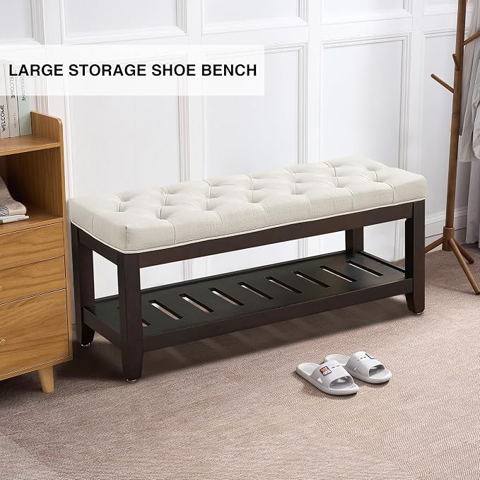 adochr Linen Large Rectangular Ottoman with Storage, Upholstered Entryway Bench for Living Room, Oversized Button Tufted Ottoman with Wood Shelf Storage, Beige