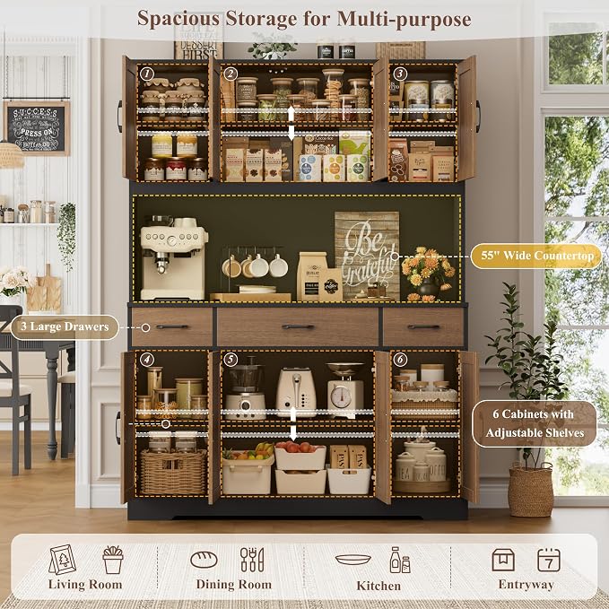 HOSTACK 71" Tall Pantry Cabinet with Charging Station, 55" Wide Kitchen Pantry Storage Cabinet with Countertop, Large Kitchen Hutch with Storage Drawers for Dining Room, Brown/Black