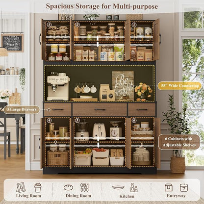 HOSTACK 71" Tall Pantry Cabinet with Charging Station, 55" Wide Kitchen Pantry Storage Cabinet with Countertop, Large Kitchen Hutch with Storage Drawers for Dining Room, Brown/Black