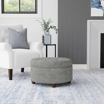 HomePop 25" Button Tufted Round Storage Ottoman - Gray Woven