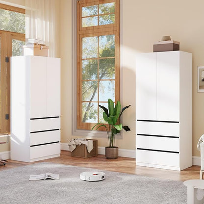 Armoire Wardrobe Closet with Drawers：75" Large White Wardrobe Closet Cabinet with 4 Doors for Hanging Clothes, Modern Wooden Bedroom Armoires with 6 Drawers and Storage (B+B, 63")