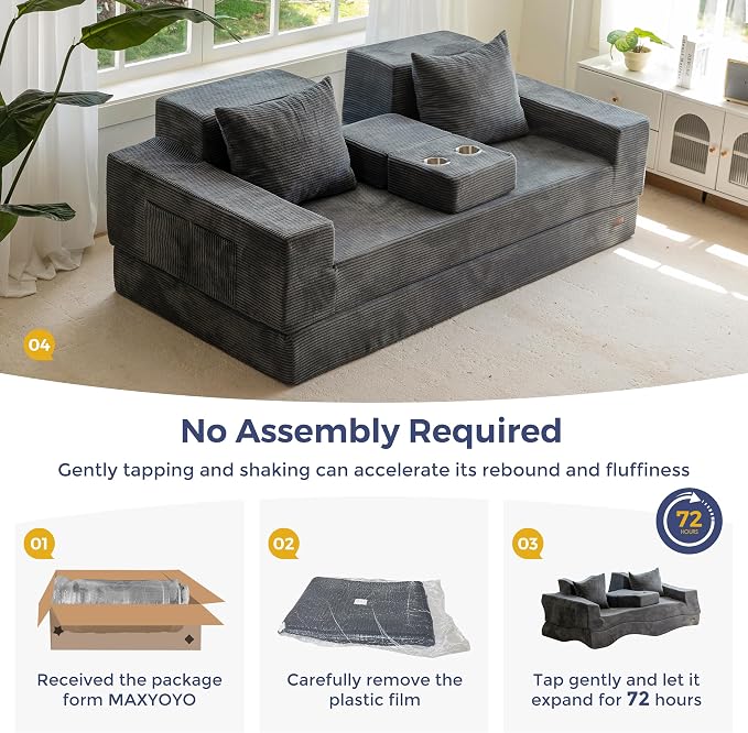 MAXYOYO Convertible Sofa Bed, 80" Oversized Boneless Loveseat Couch 4 in 1 Foldable Floor Sofa Couch in A Box with 2 Cup Holders, Folding Chair for Living Room, Grey