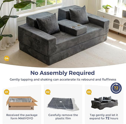MAXYOYO Convertible Sofa Bed, 80" Oversized Boneless Loveseat Couch 4 in 1 Foldable Floor Sofa Couch in A Box with 2 Cup Holders, Folding Chair for Living Room, Grey