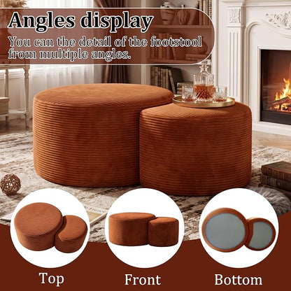 BSHOMGI Nesting Coffee Table Set of 2,Corduroy Ottoman Soft Foot Rest Movable LargePouf Footstool for Living Room Sofa Couch Bedroom Entryway and Small Spaces No Assembly (Orange, 32"+17")