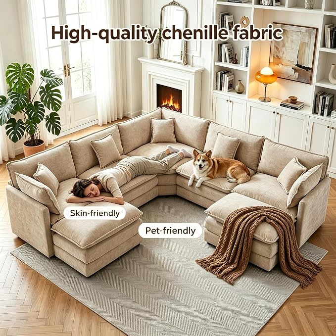 Oversized Modular Sectional Cloud Sofa: 114" V-Shaped Modular Cloud Couch, 7 Seater Comfy Couch with Ottomans and Pillows, Chenille Deep Seat Couch for Living Room,Bedroom,Apartment,Large Space,Camel