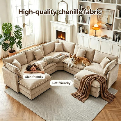 Oversized Modular Sectional Cloud Sofa: 114" V-Shaped Modular Cloud Couch, 7 Seater Comfy Couch with Ottomans and Pillows, Chenille Deep Seat Couch for Living Room,Bedroom,Apartment,Large Space,Camel