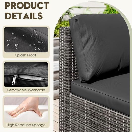 LHBcraft 7 Piece Patio Outdoor Furniture Set, Outdoor Sectional, All-Weather Hand-Woven Wicker Black Patio Sectional, Rattan Outside Furniture with Cushion and Glass Coffee Table