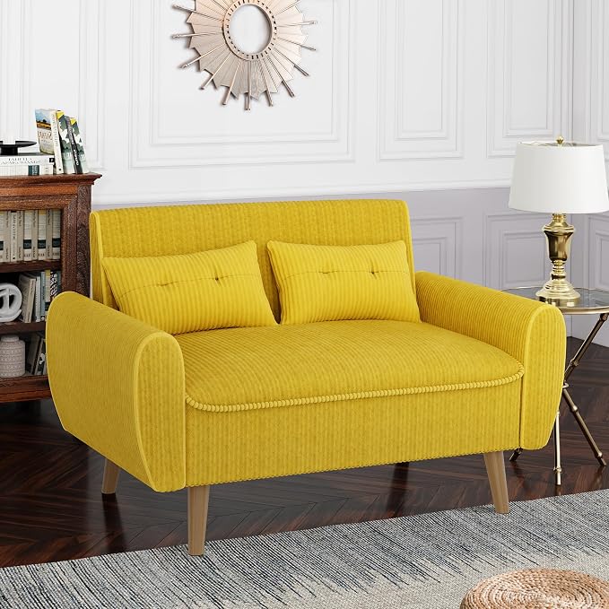 Shintenchi 48'' Loveseat Sofa, Mid-Century Modern Upholstered Couch Deep Seat with 2 Pillows, 10" Thick Cushion with Spring, Solid Wood Frame Small Couch for Living Room, Dorms & Office, Yellow