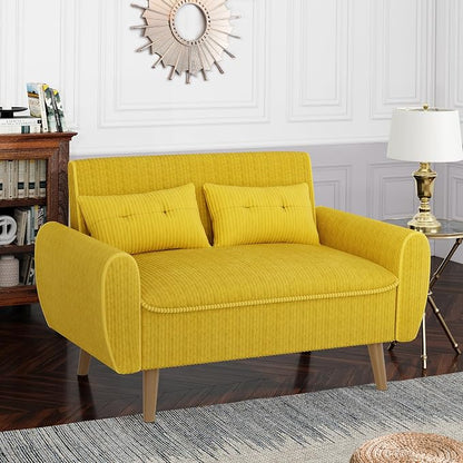 Shintenchi 48'' Loveseat Sofa, Mid-Century Modern Upholstered Couch Deep Seat with 2 Pillows, 10" Thick Cushion with Spring, Solid Wood Frame Small Couch for Living Room, Dorms & Office, Yellow
