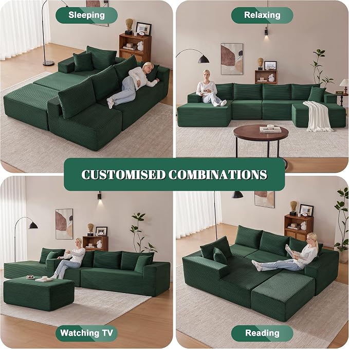 Mangodan 140” Cloud Sectional Couch, Modular Sectional Sofa with Deep Seat, Boneless Sofa for Living Room, Fluffy Comfy U-Shaped Couch with Left Facing Chaise, No Assembly Required, Green