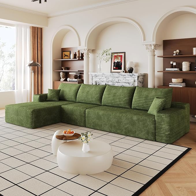 135" Oversized Cloud Sectional Couch Boneless Sofa for Living Room, Fluffy Corduroy Corner Couch with Deep Seat, Compressed Modular Sectional Sofa with L-Shaped Chaise, No Assembly Required